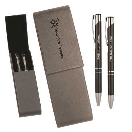 CM247GR - Leatherette Double Pen Case with 2 Blank Pens, Grey