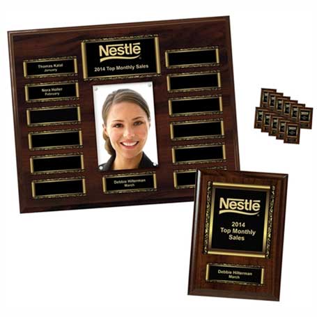 EP2PKMAG - Walnut Finish 13-Plt Magnetic Scroll Border Photo Plaque with Easy Perpetual Plt Release Program and 12 Individual 5" x 7" Companion Plaques
