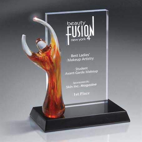 GI545A - Translucent Art Glass Figure on Billboard Style Award, Red