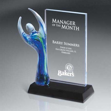 GI545B - Translucent Art Glass Figure on Billboard Style Award, Blue