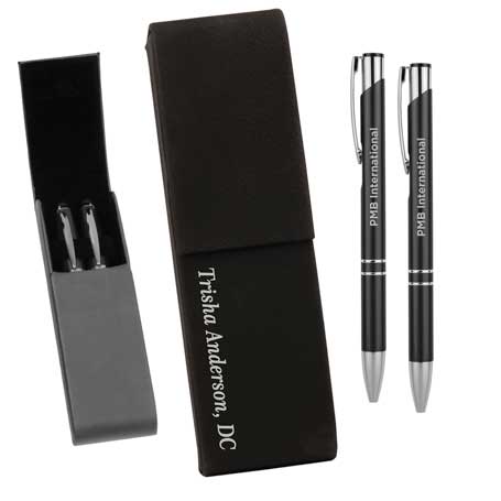 CM247BS - Leatherette Double Pen Case with 2 Blank Pens, Black