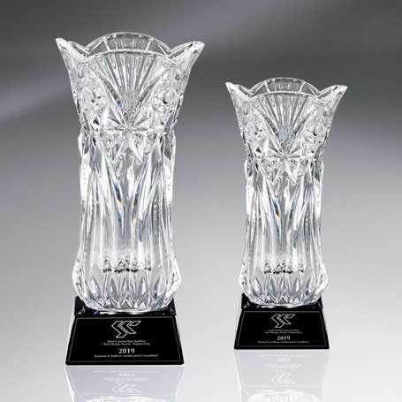 GM564 - Lead Crystal Vase on Rich Black Glass Base with Black Lasered Plate
