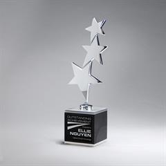 Cascading Polished Silver Finished Stars on a Metal and Black Wood Base