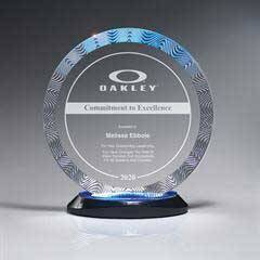 Aqua Wave Circle Award on Ebony Lucite Oval Base, Blue