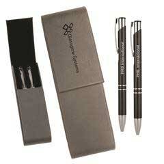 Leatherette Double Pen Case with 2 Blank Pens, Grey