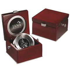 Silver Skeleton Clock in Rosewood Piano Box