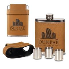 Leatherette Flask With shot Glasses, Light Brown