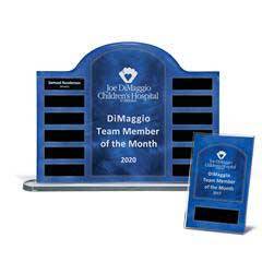 Blue Steel Contoured Lucite 12-Plt Award on Base with Easy Perpetual Plate Release Program and 12 Individual 4" x 6" Companion Plaques