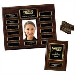 Walnut Finish 13-Plt Magnetic Scroll Border Photo Plaque with Easy Perpetual Plt Release Program and 12 Individual 5" x 7" Companion Plaques