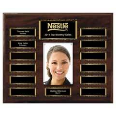 Walnut Finish 13-Plt Scroll Border Photo Plaque with Easy Perpetual Plate Release Program