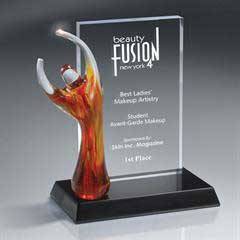 Translucent Art Glass Figure on Billboard Style Award, Red