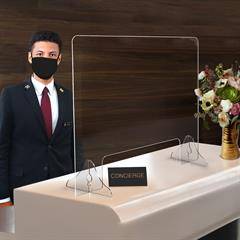 Horizontal Acrylic Table Top Sneeze Guard with Locking Legs and Pass Through