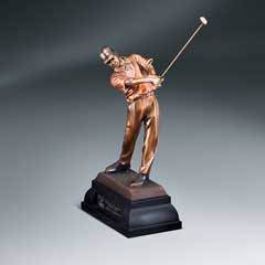 Antique Bronze Finish Swinging Male Golfer - Small  with Black Lasered Plate