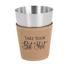 Leatherette on Steel Shot Glass, Light Brown